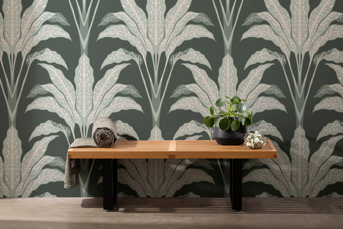 The Palmetto Salon mural in deep emerald behind a styled console