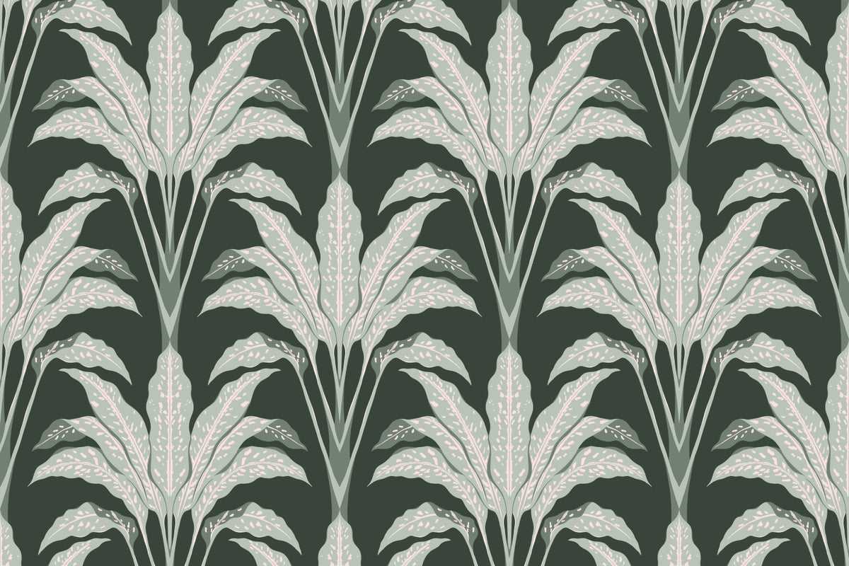 Full artwork view of The Palmetto Salon mural in deep emerald, showing fanned Art Deco palm leaves