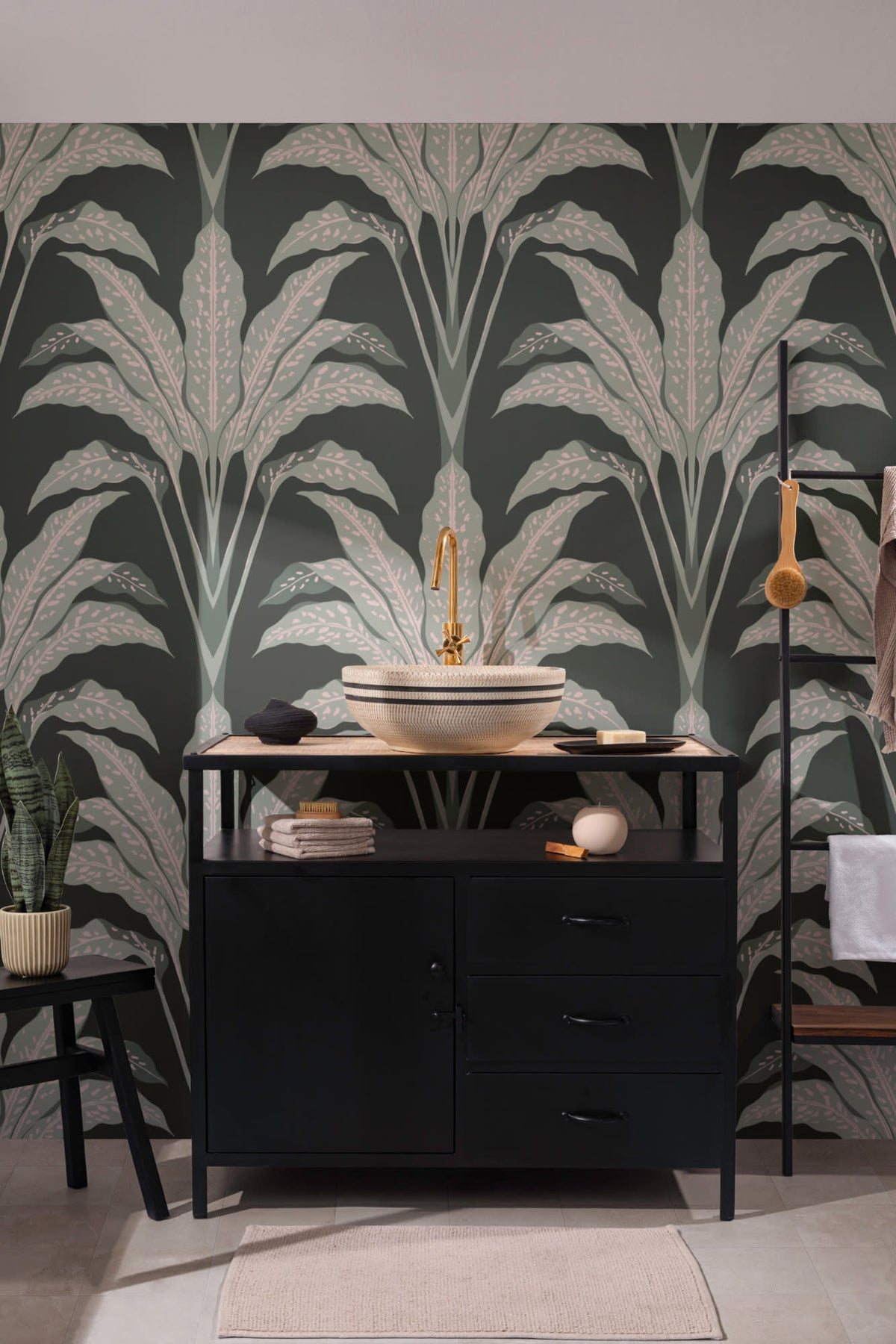 The Palmetto Salon mural in deep emerald behind a dining table