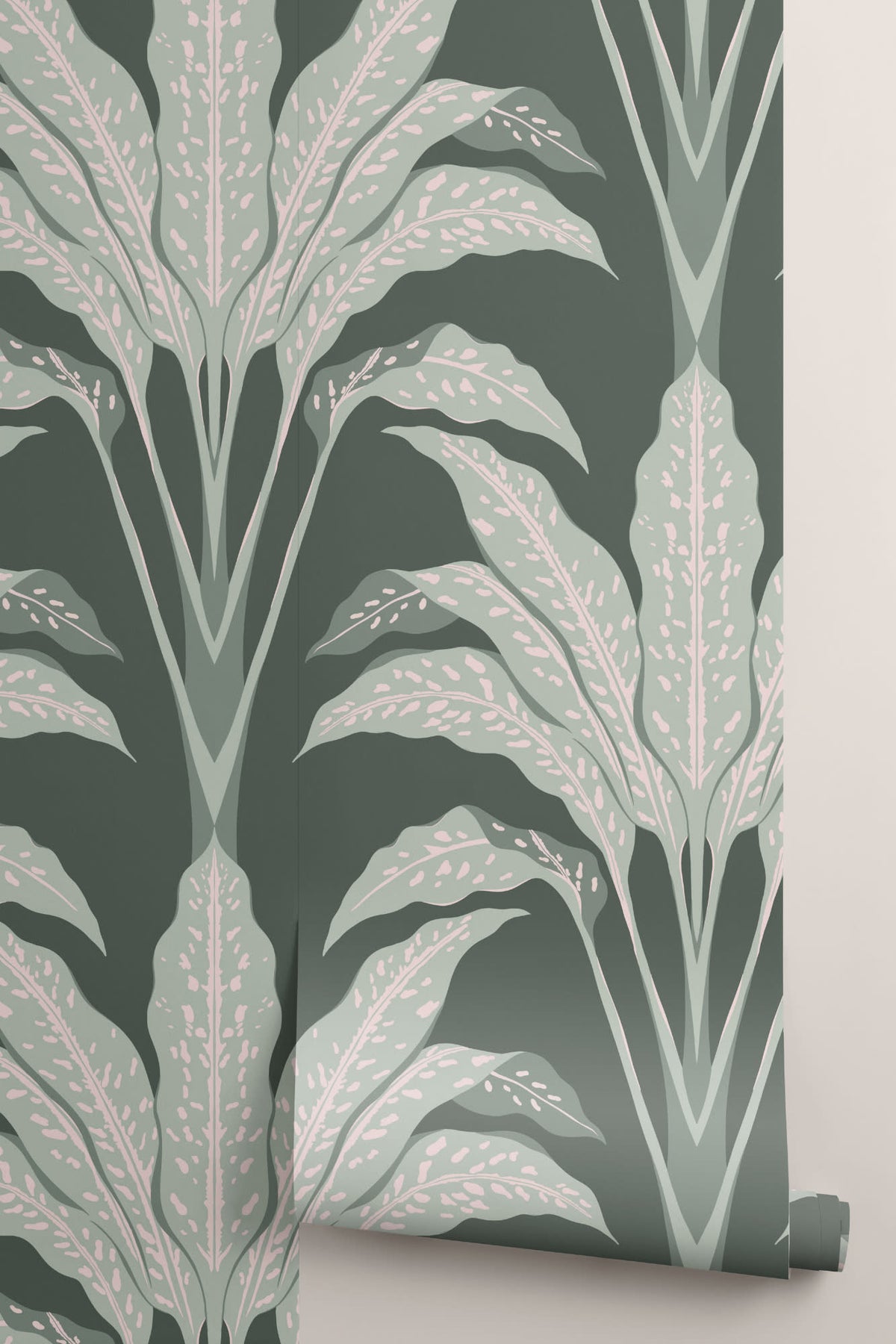 Rolled panel of The Palmetto Salon mural in deep emerald