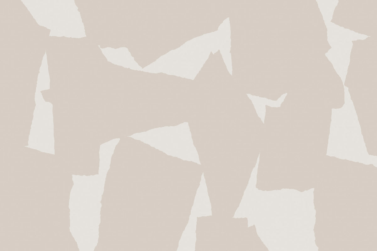 Flat pattern view of The Paper Mosaic wallpaper in oat beige, showing the torn-paper abstract shapes