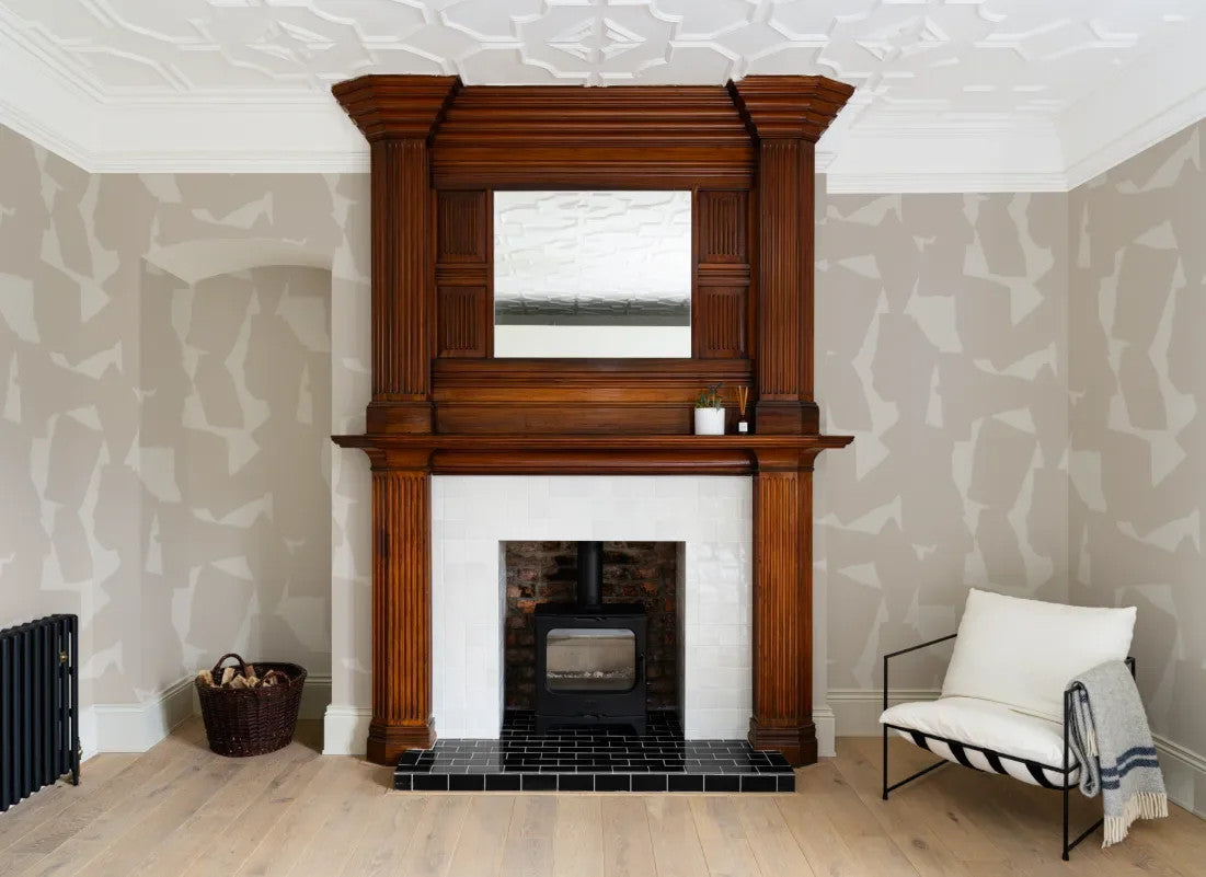 The Paper Mosaic wallpaper in oat beige in a living room