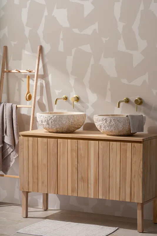 The Paper Mosaic wallpaper in oat beige behind a styled console