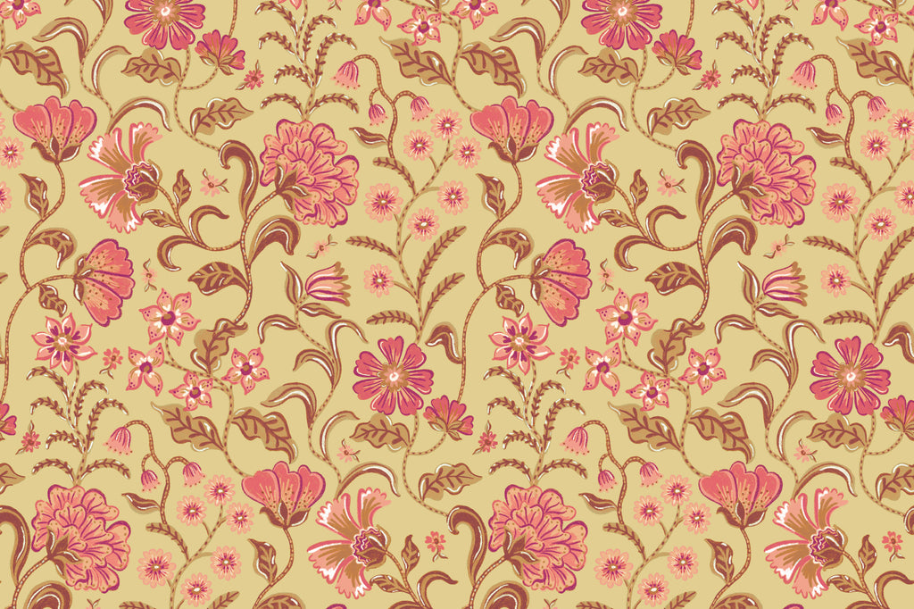 Flat pattern view of The Pavilion Garland wallpaper in antique gold, showing the ornate flowering vines