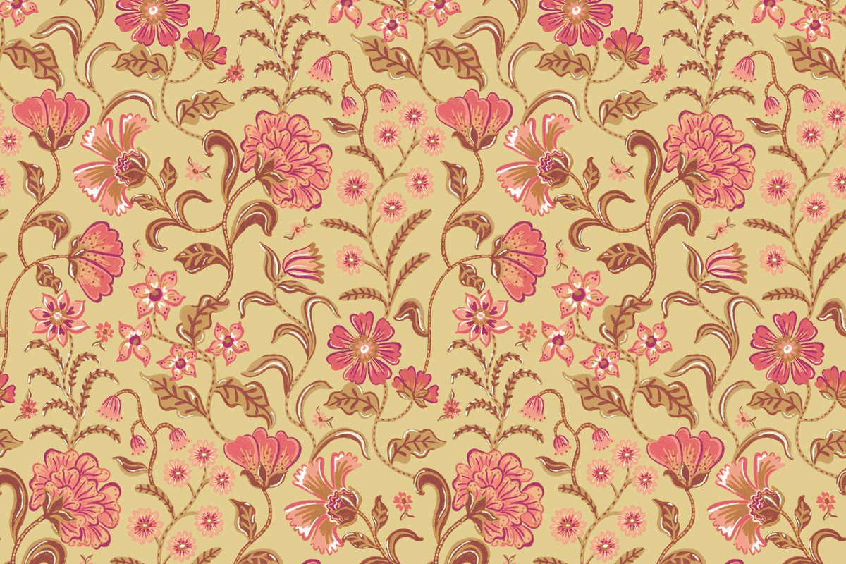 Flat pattern view of The Pavilion Garland wallpaper in antique gold, showing the ornate flowering vines