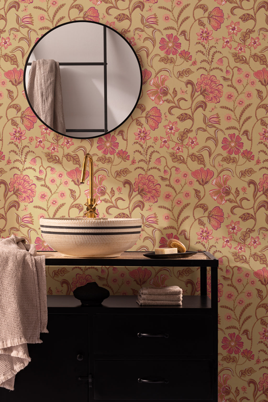 The Pavilion Garland wallpaper in antique gold in a styled room setting