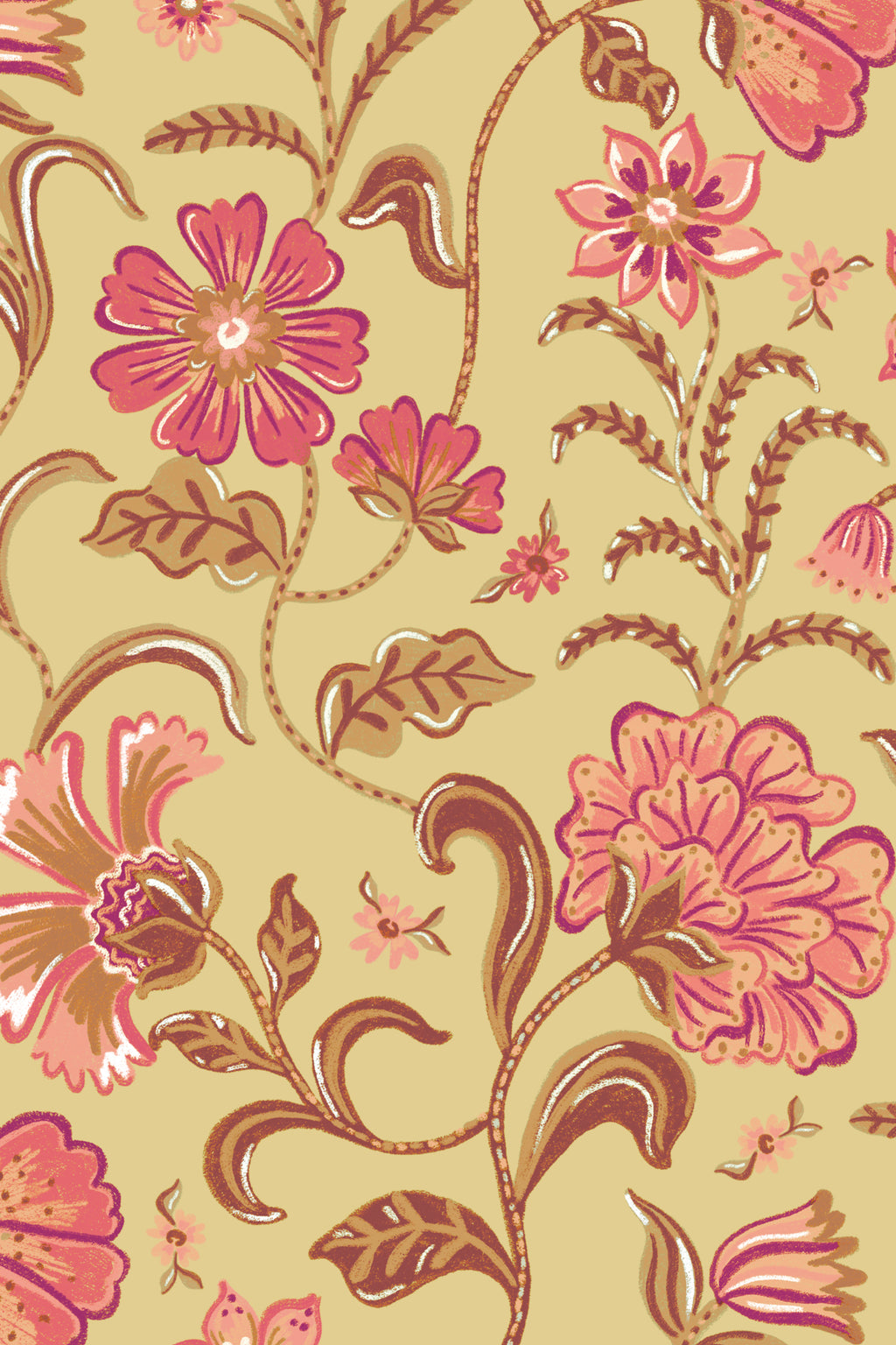Close-up of The Pavilion Garland wallpaper in antique gold showing the ornate flowering vines in detail