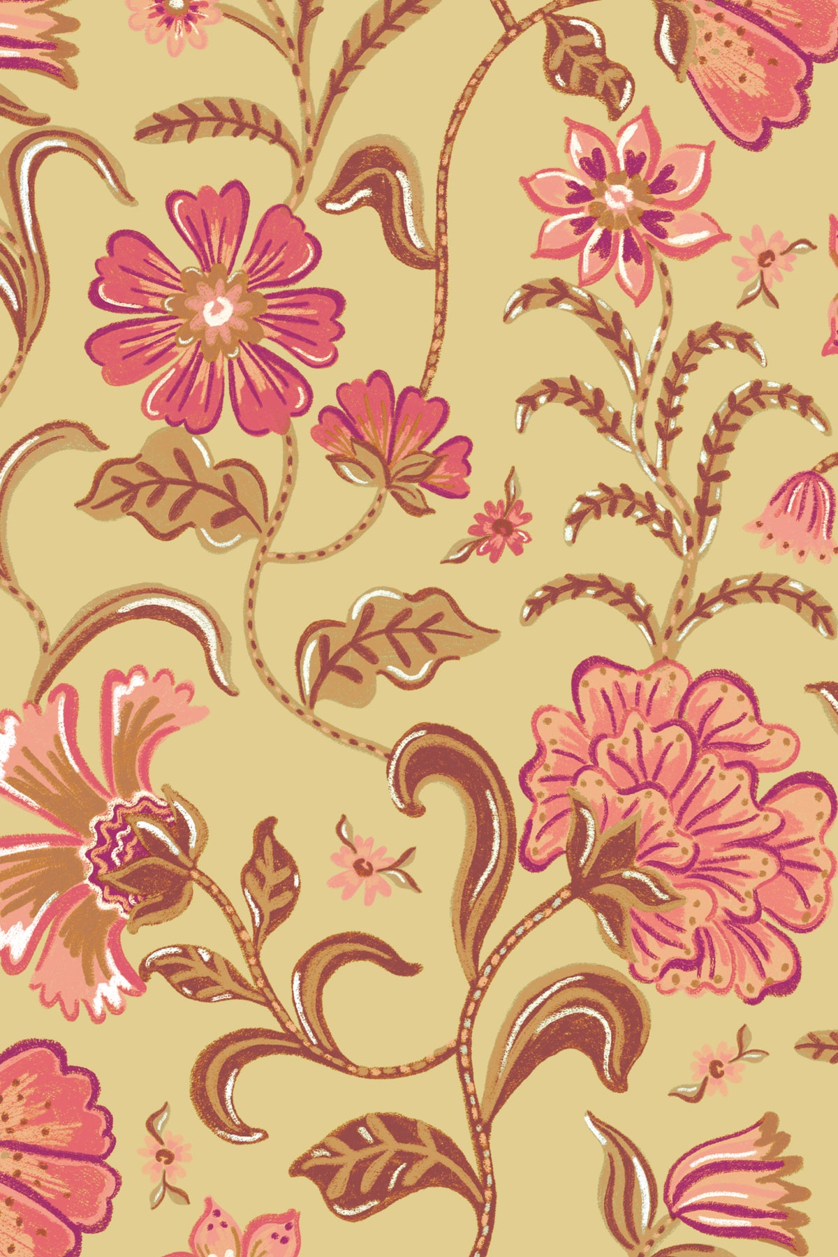 Close-up of The Pavilion Garland wallpaper in antique gold showing the ornate flowering vines in detail