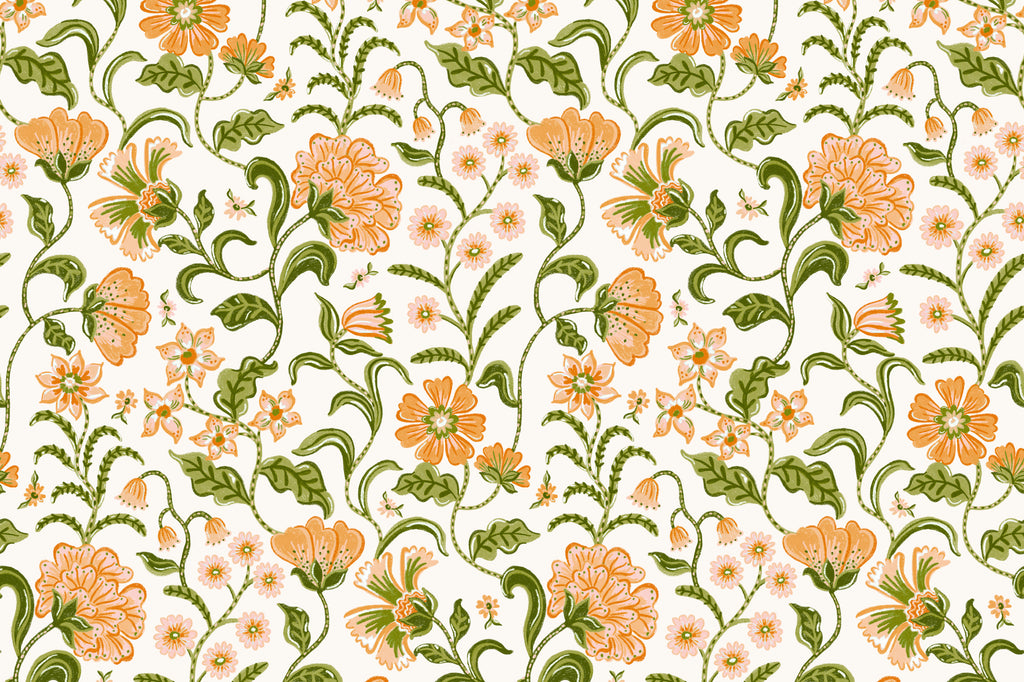 Flat pattern view of The Pavilion Garland wallpaper in marigold and leaf green, showing the ornate flowering vines