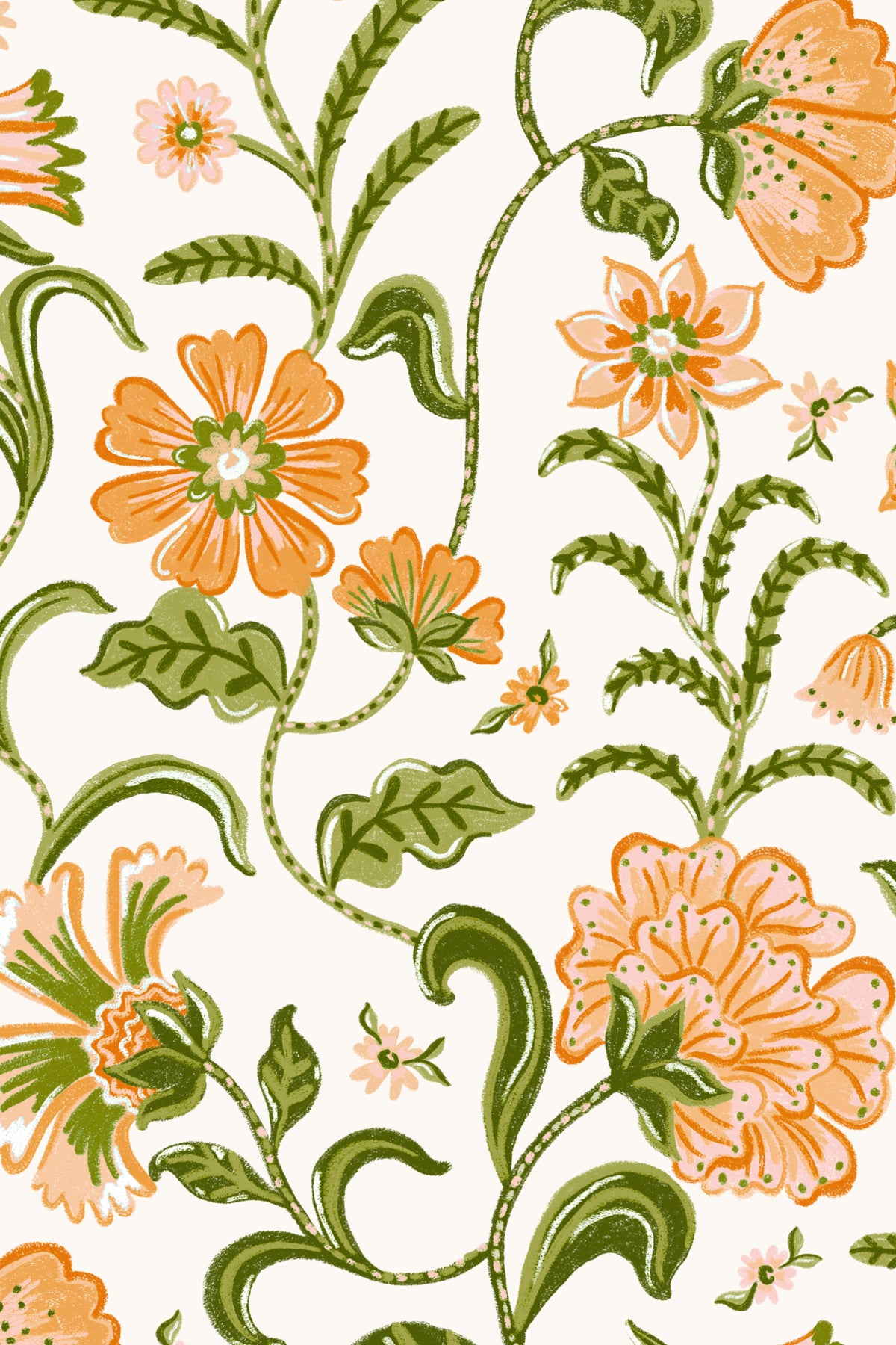 Close-up of The Pavilion Garland wallpaper in marigold and leaf green showing the ornate flowering vines in detail