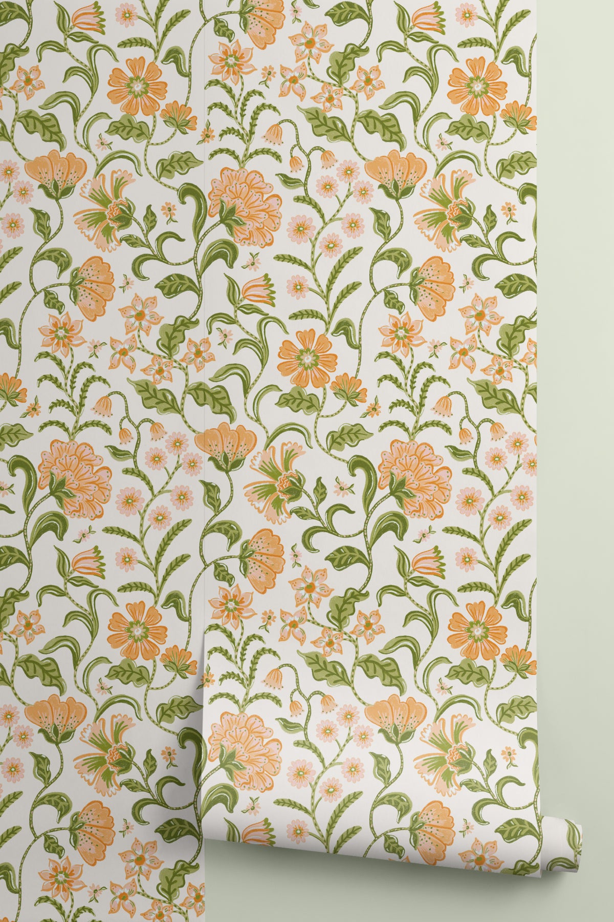 Roll of The Pavilion Garland wallpaper in marigold and leaf green