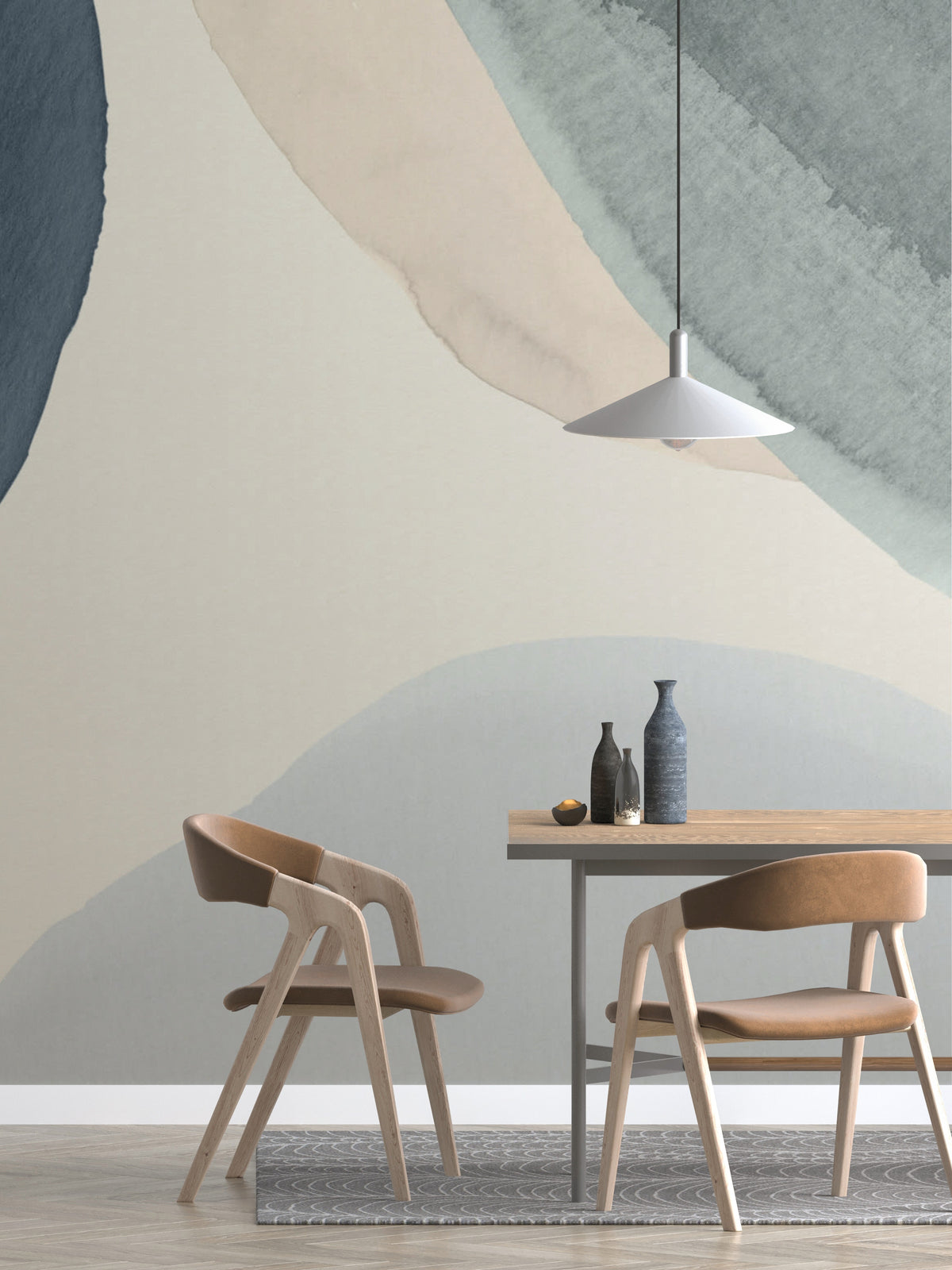 The Pebble Wash mural in denim and sand behind a dining table