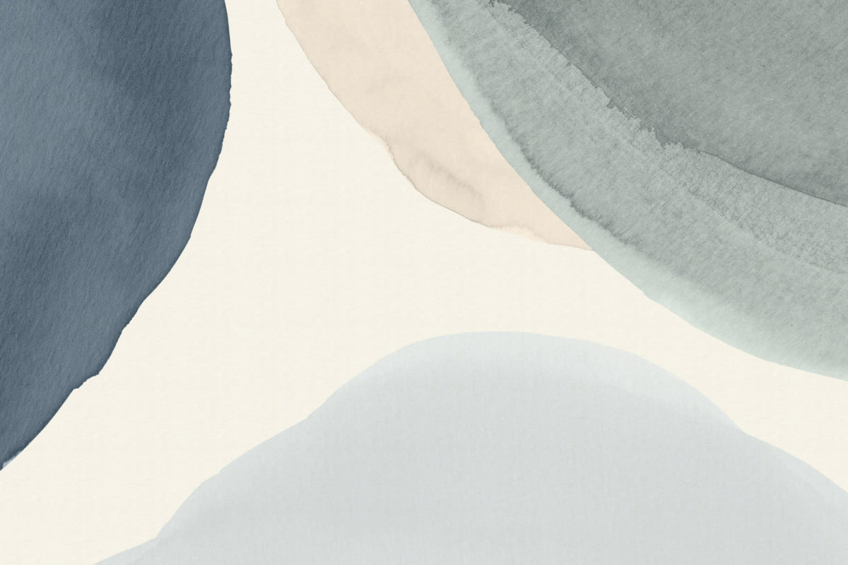 Full artwork view of The Pebble Wash mural in denim and sand, showing overlapping watercolour shapes