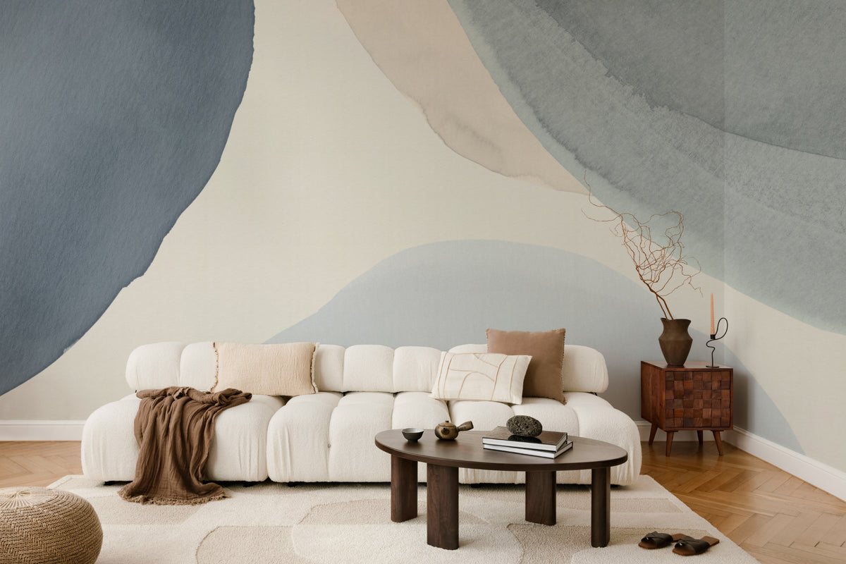 The Pebble Wash mural in denim and sand in a living room