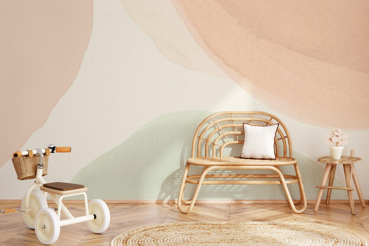 The Pebble Wash mural in peach and sage in a child's bedroom