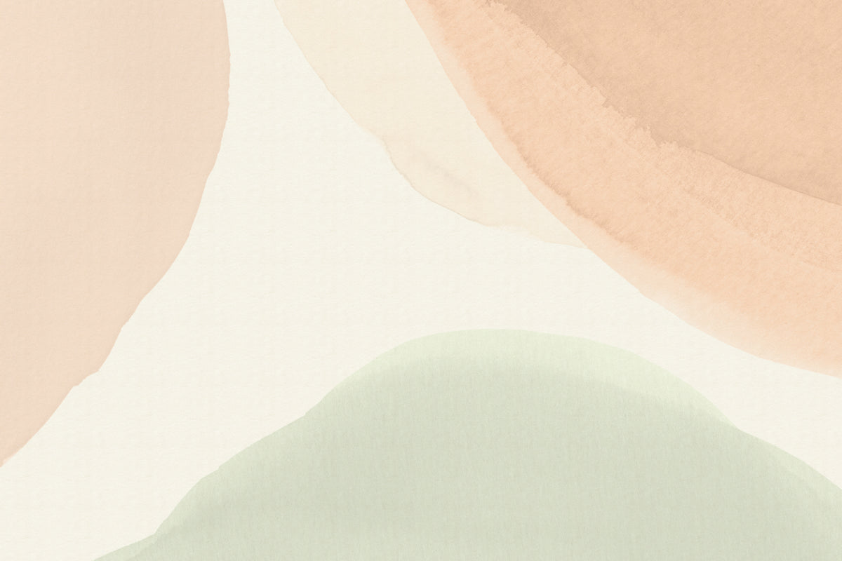 Full artwork view of The Pebble Wash mural in peach and sage, showing overlapping watercolour shapes