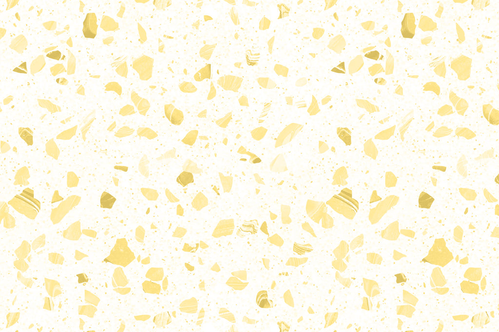 Flat pattern view of The Piazza Terrazzo wallpaper in lemon yellow, showing the marbled terrazzo chips