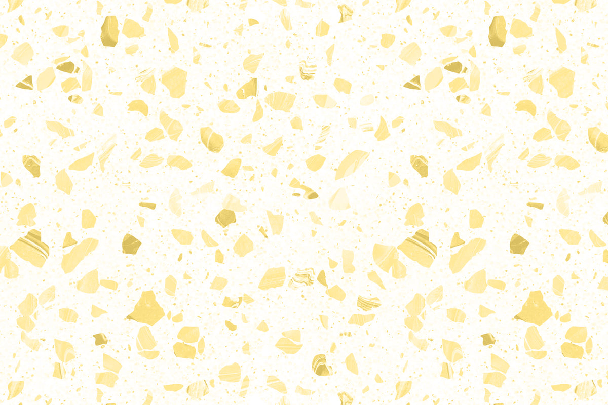 Flat pattern view of The Piazza Terrazzo wallpaper in lemon yellow, showing the marbled terrazzo chips