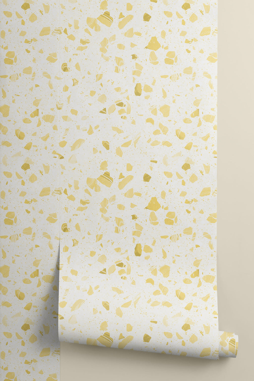 Roll of The Piazza Terrazzo wallpaper in lemon yellow, another angle