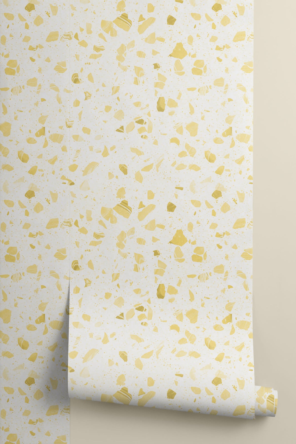 Roll of The Piazza Terrazzo wallpaper in lemon yellow, another angle