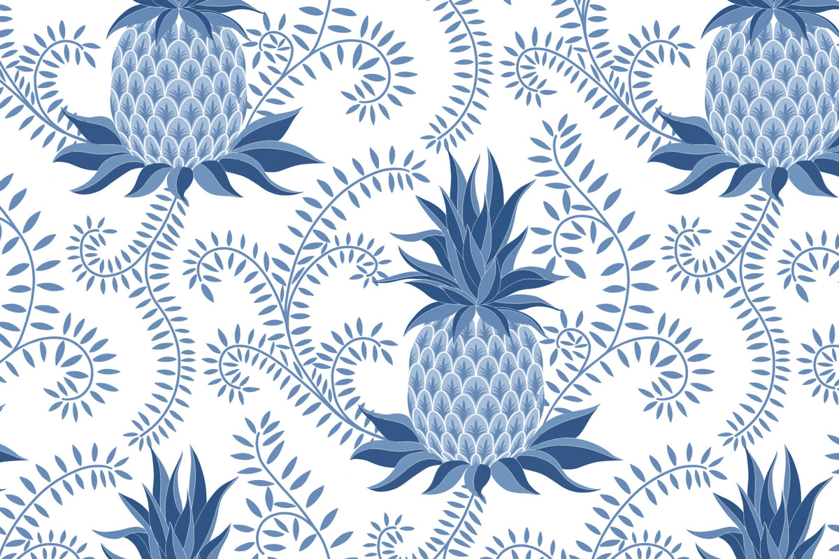 Flat pattern view of The Pineapple Terrace wallpaper in Delft blue, showing the pineapples and scrolling leaves