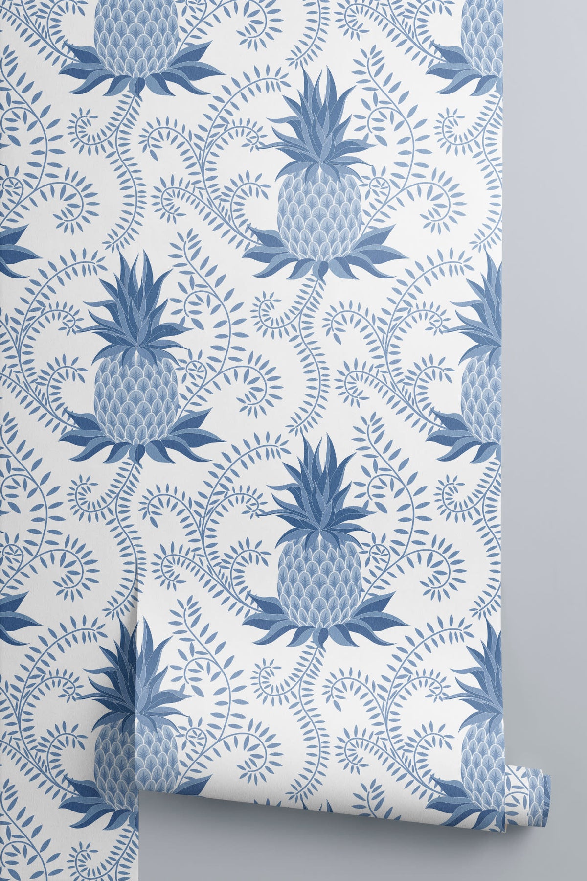 Roll of The Pineapple Terrace wallpaper in Delft blue, another angle