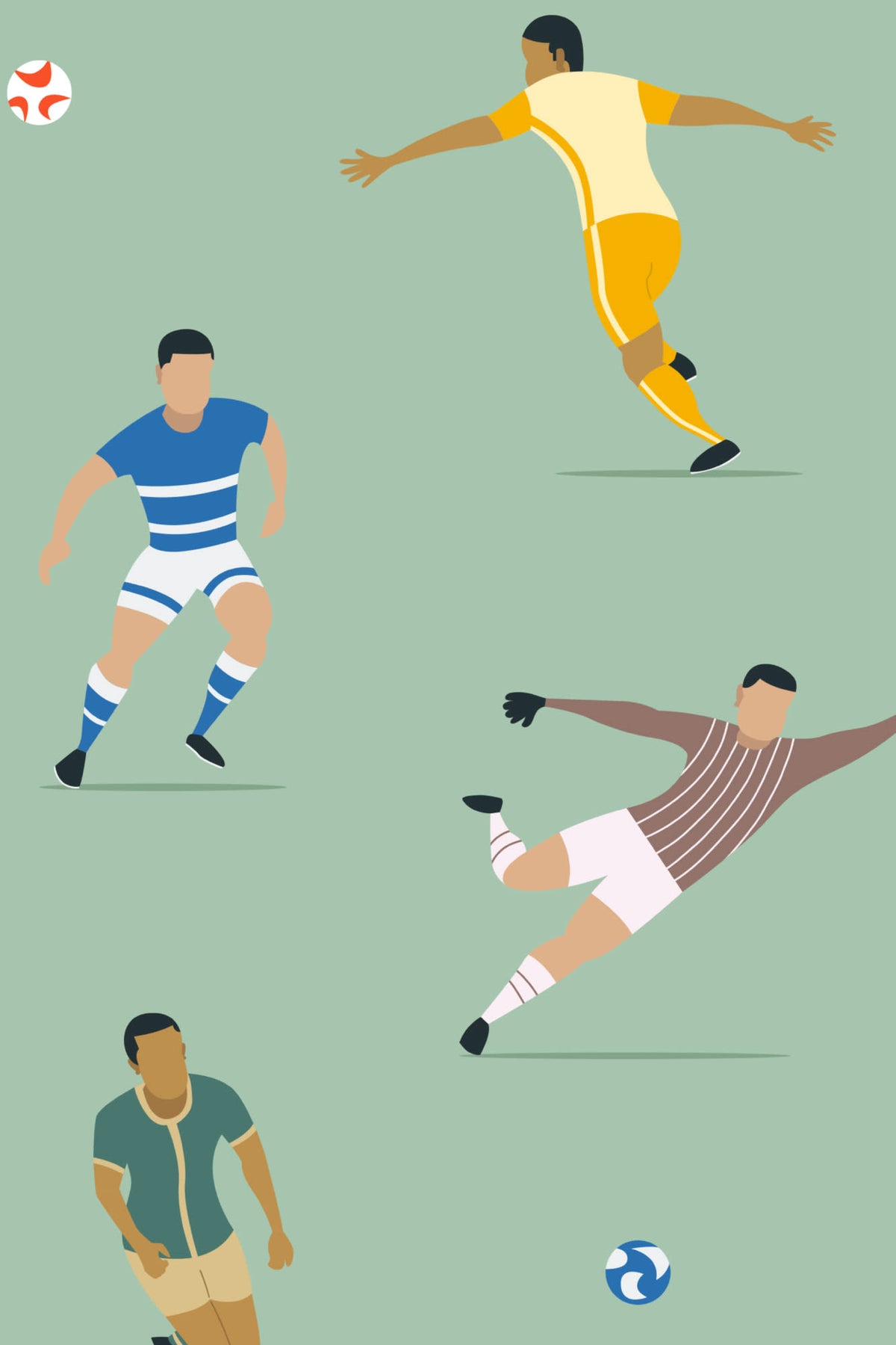 Close-up of The Pitchside Club wallpaper in pitch green showing the soccer players in action in detail