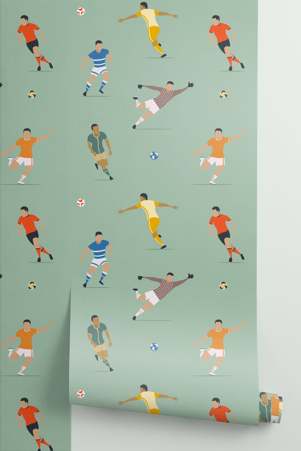 Roll of The Pitchside Club wallpaper in pitch green, another angle