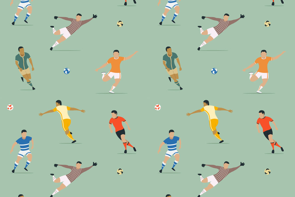 Flat pattern view of The Pitchside Club wallpaper in pitch green, showing the soccer players in action