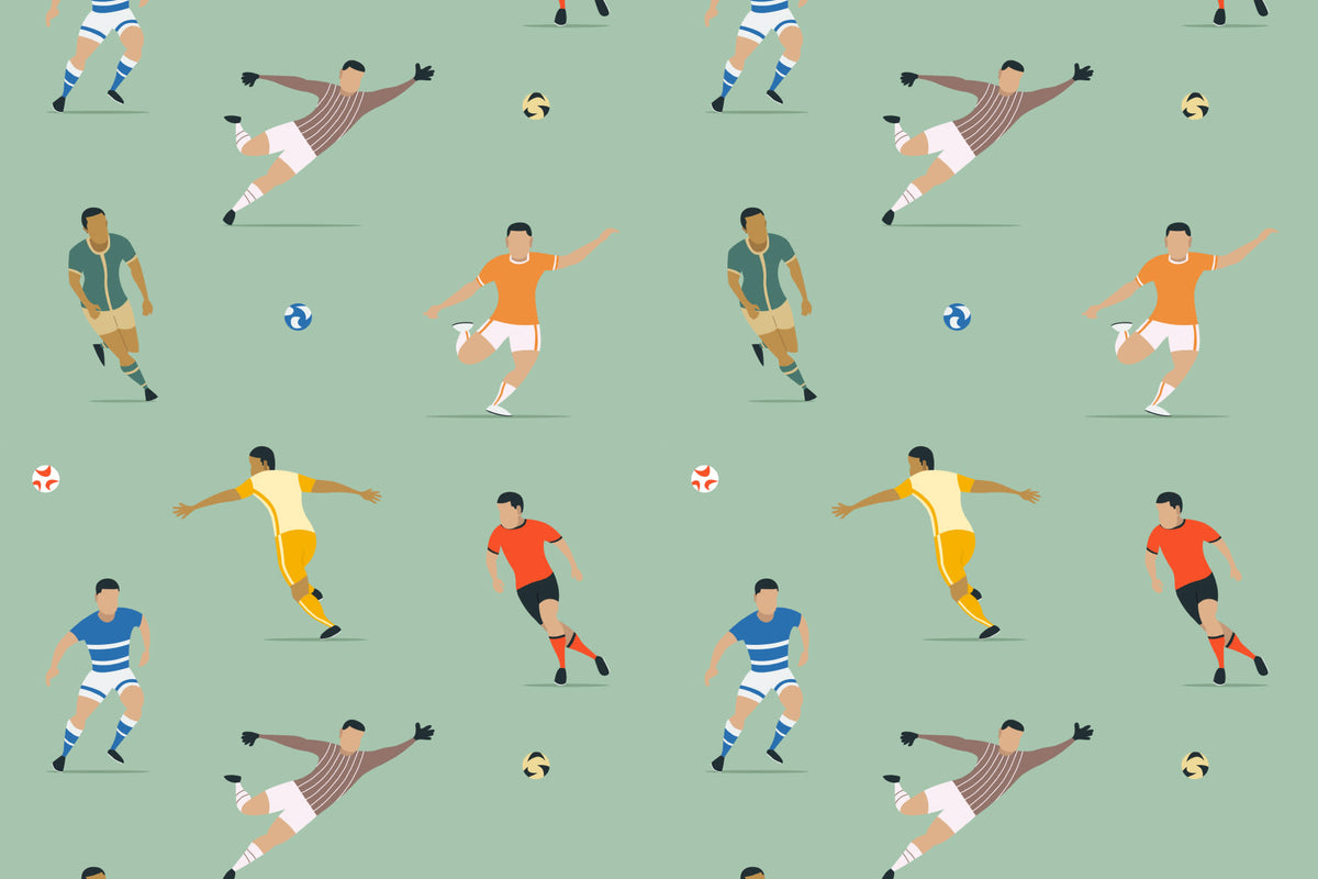 Flat pattern view of The Pitchside Club wallpaper in pitch green, showing the soccer players in action