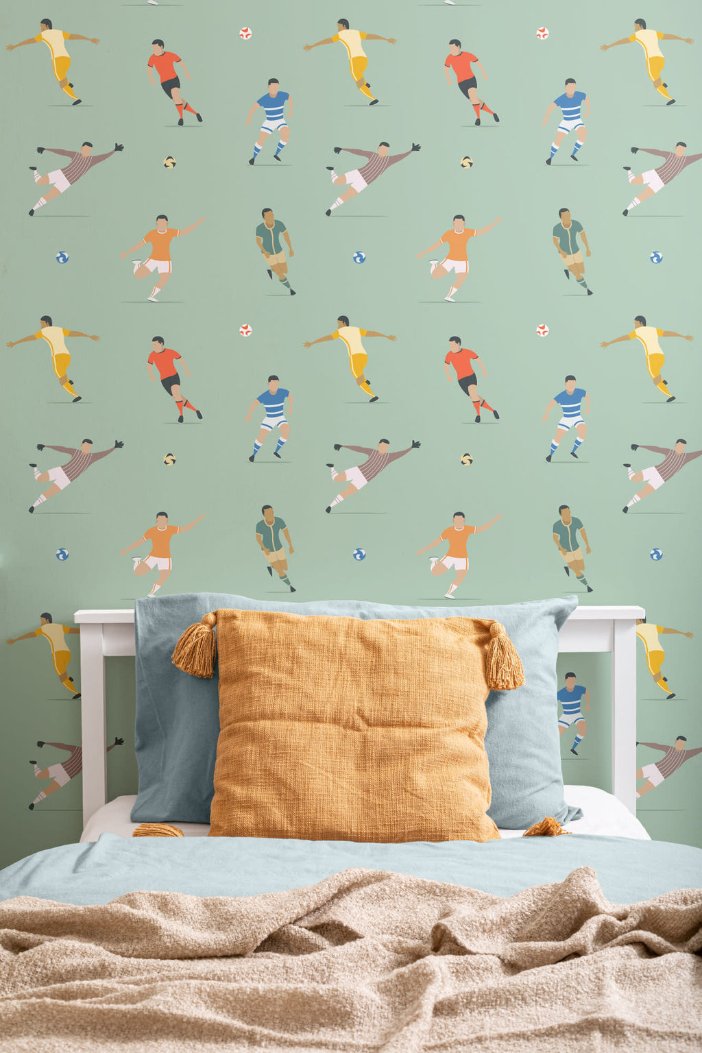 The Pitchside Club wallpaper in pitch green in a children's room setting