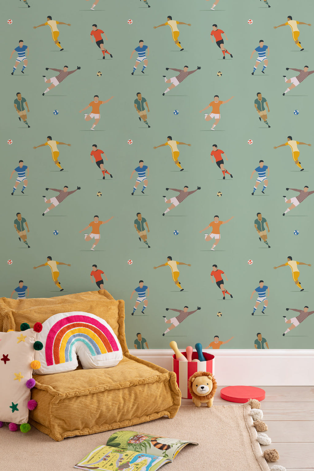 The Pitchside Club wallpaper in pitch green in a children's room setting, another angle