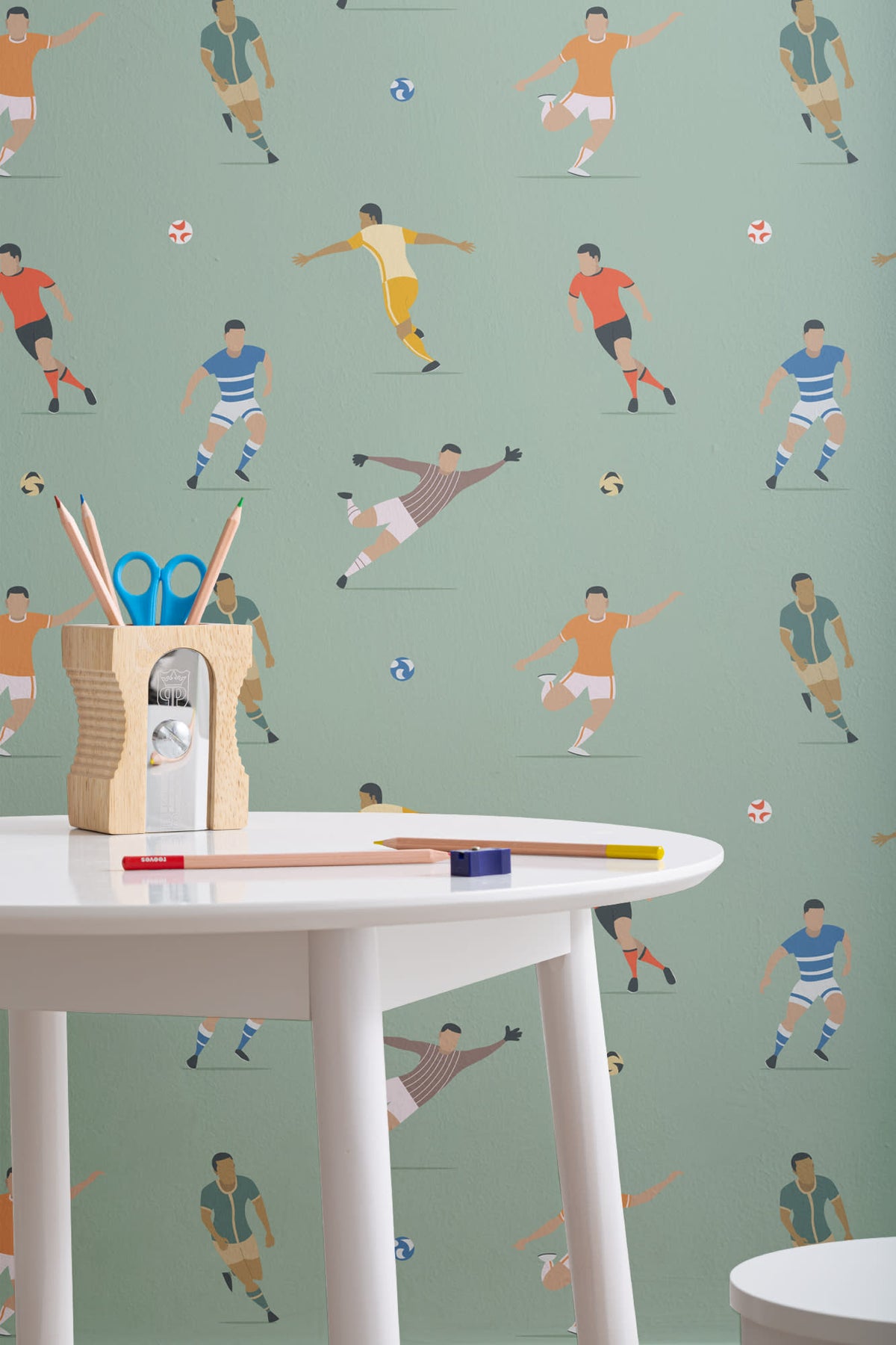 The Pitchside Club wallpaper in pitch green in a children's room setting, view 3