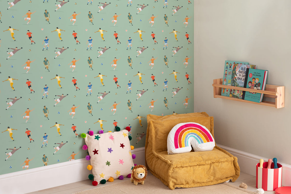 The Pitchside Club wallpaper in pitch green in a children's room setting, view 4