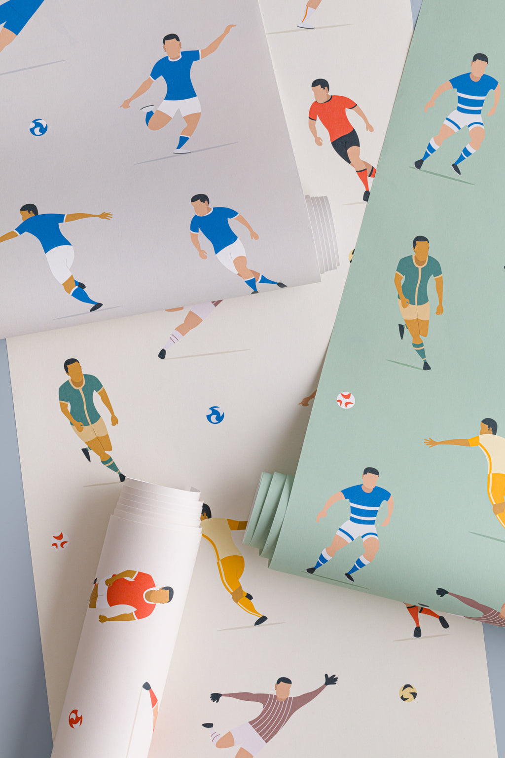 Angled detail of The Pitchside Club wallpaper in pitch green