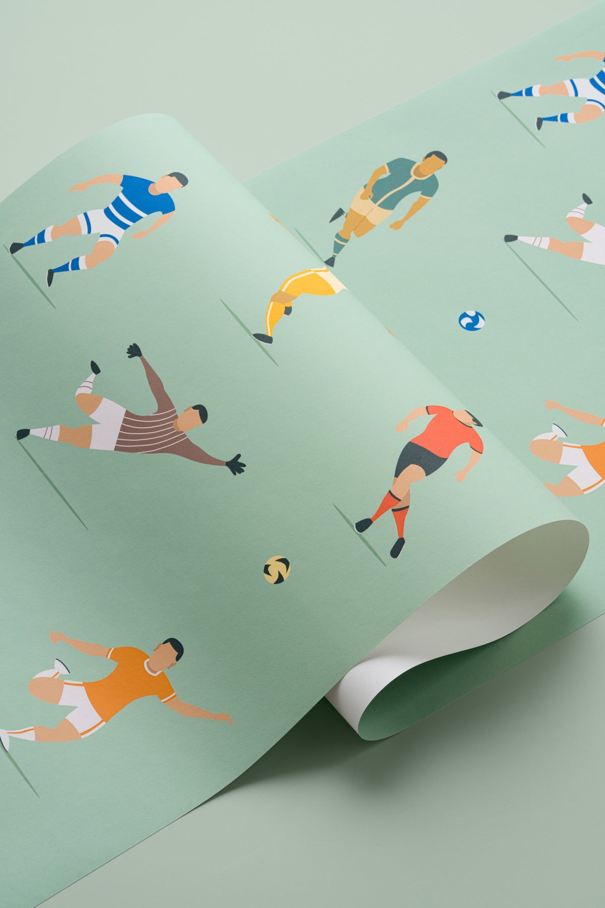The Pitchside Club wallpaper in pitch green shown in a close, angled view