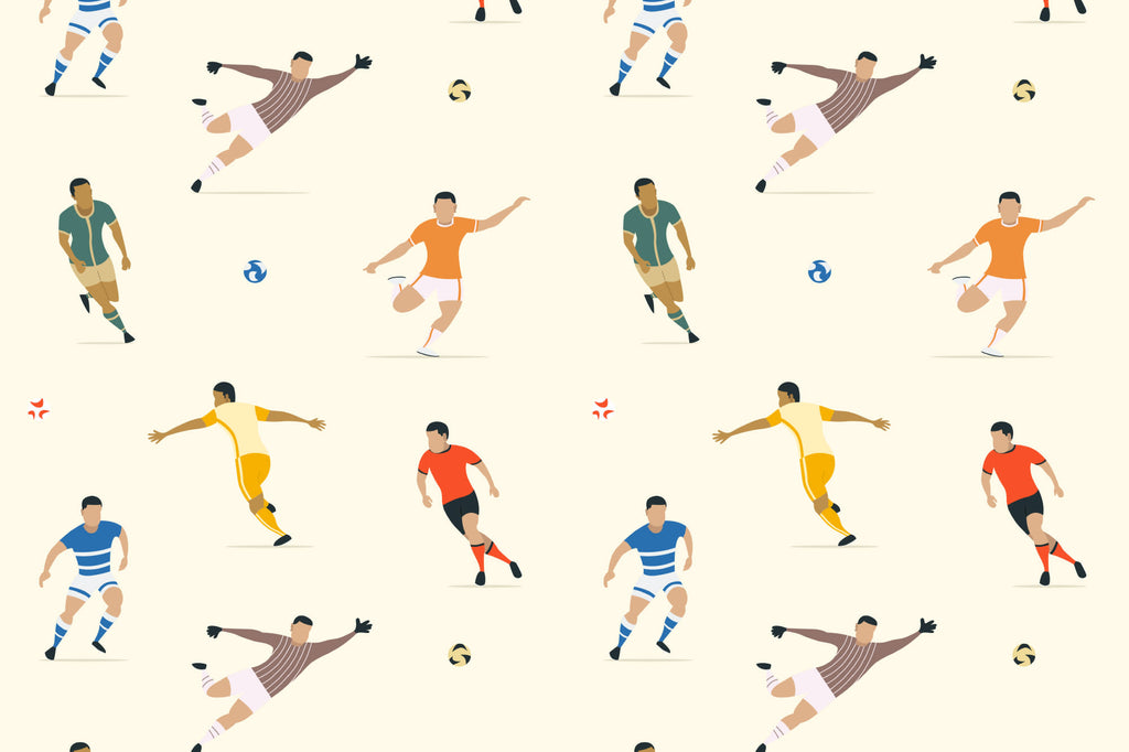 Flat pattern view of The Pitchside Club wallpaper in warm cream, showing the soccer players in action