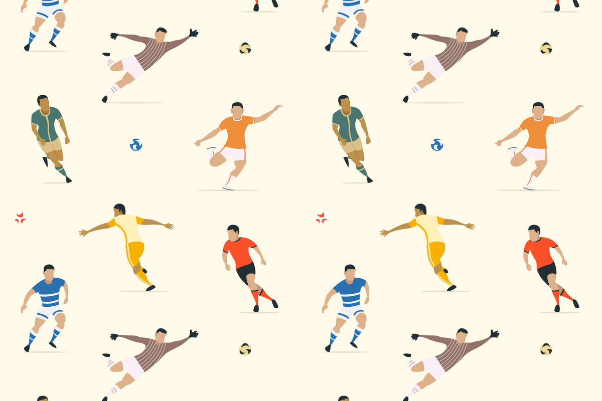 Flat pattern view of The Pitchside Club wallpaper in warm cream, showing the soccer players in action