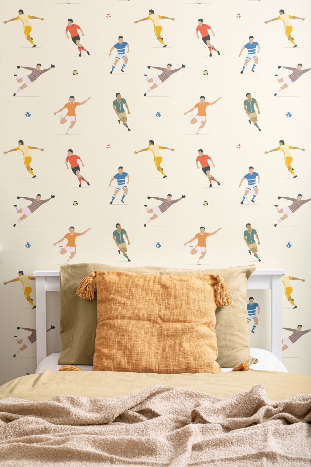 The Pitchside Club wallpaper in warm cream in a children's room setting, another angle