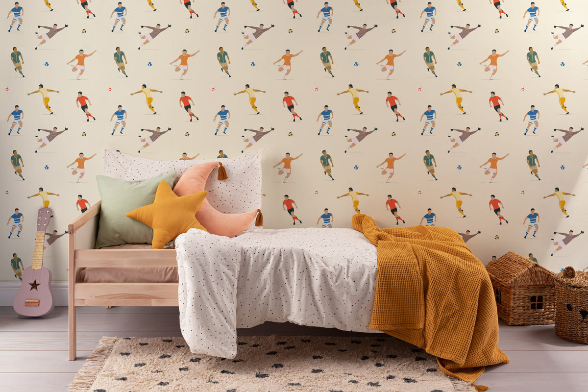 The Pitchside Club wallpaper in warm cream in a children's room setting, view 4