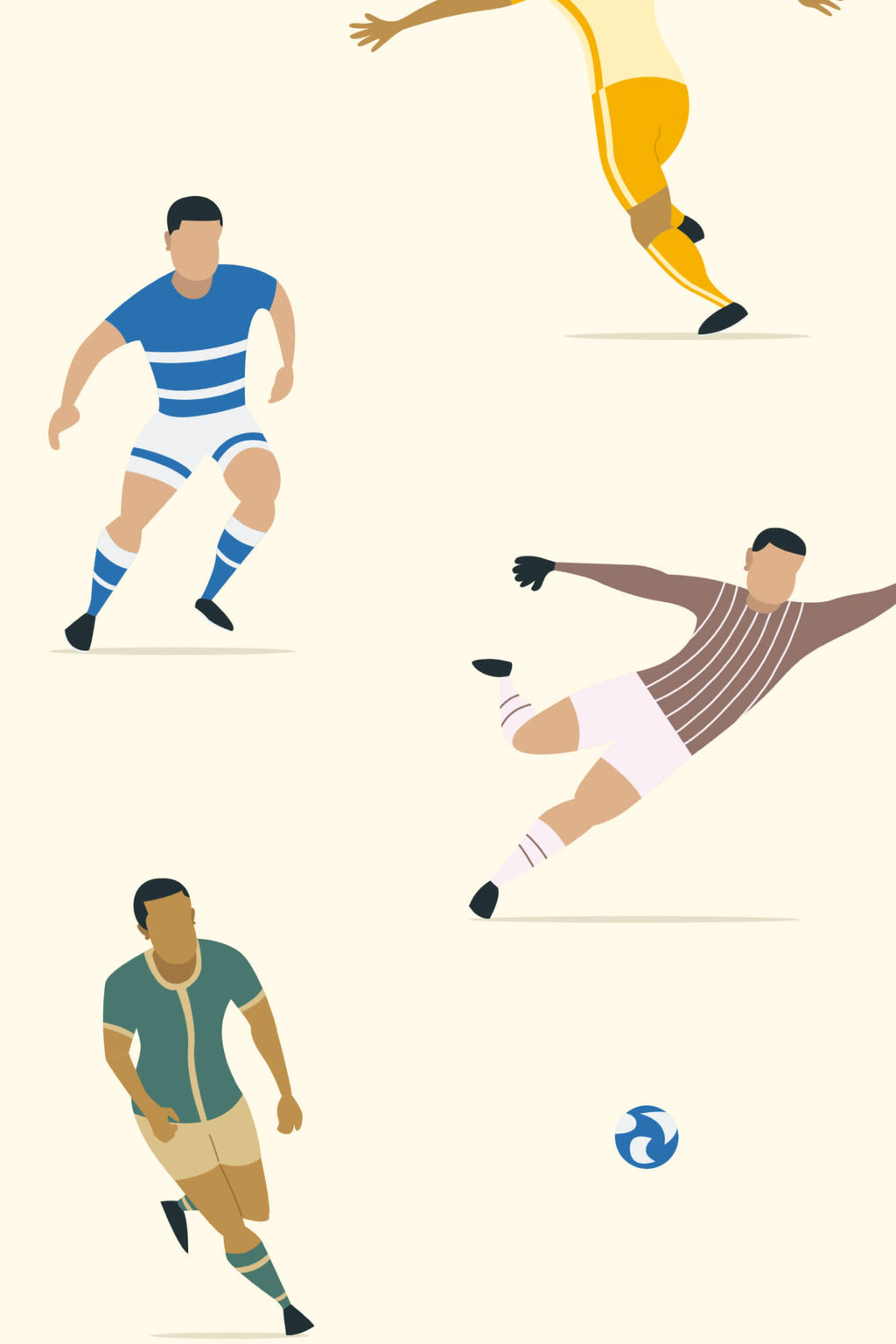 Close-up of The Pitchside Club wallpaper in warm cream showing the soccer players in action in detail