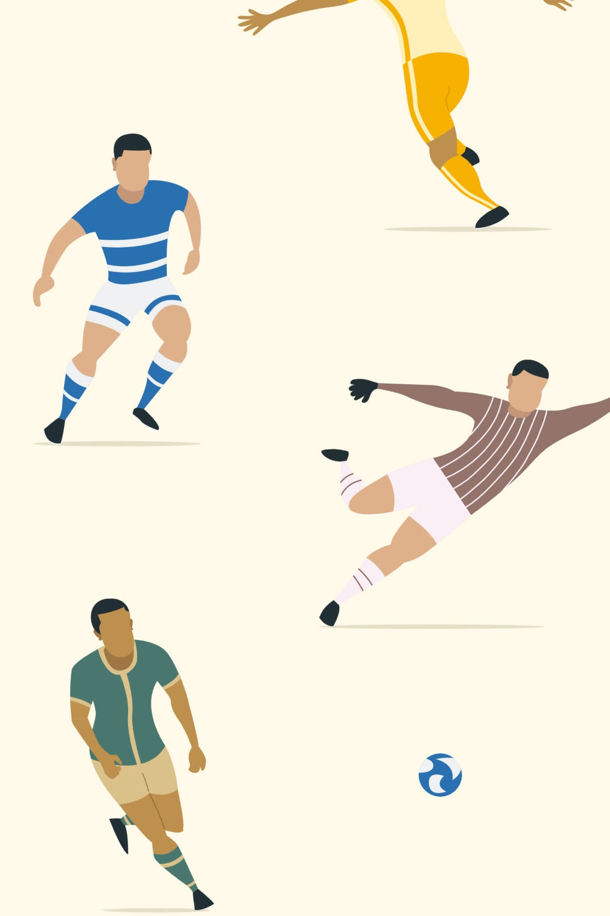 Close-up of The Pitchside Club wallpaper in warm cream showing the soccer players in action in detail