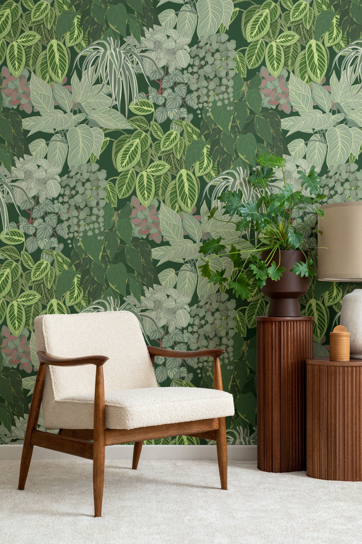 The Plant Room wallpaper in deep green in a lounge setting