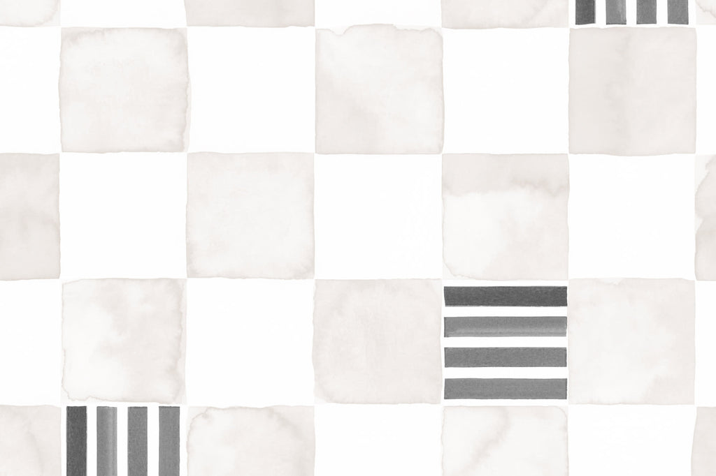 Flat pattern view of The Plaster Chequer wallpaper in soft greige, showing the watercolour checks with striped squares