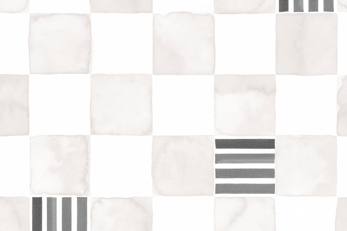 Flat pattern view of The Plaster Chequer wallpaper in soft greige, showing the watercolour checks with striped squares