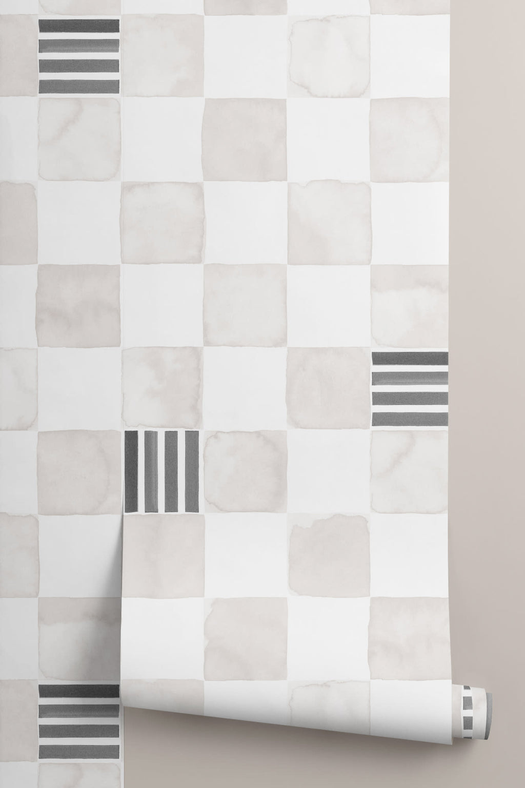 Roll of The Plaster Chequer wallpaper in soft greige, another angle