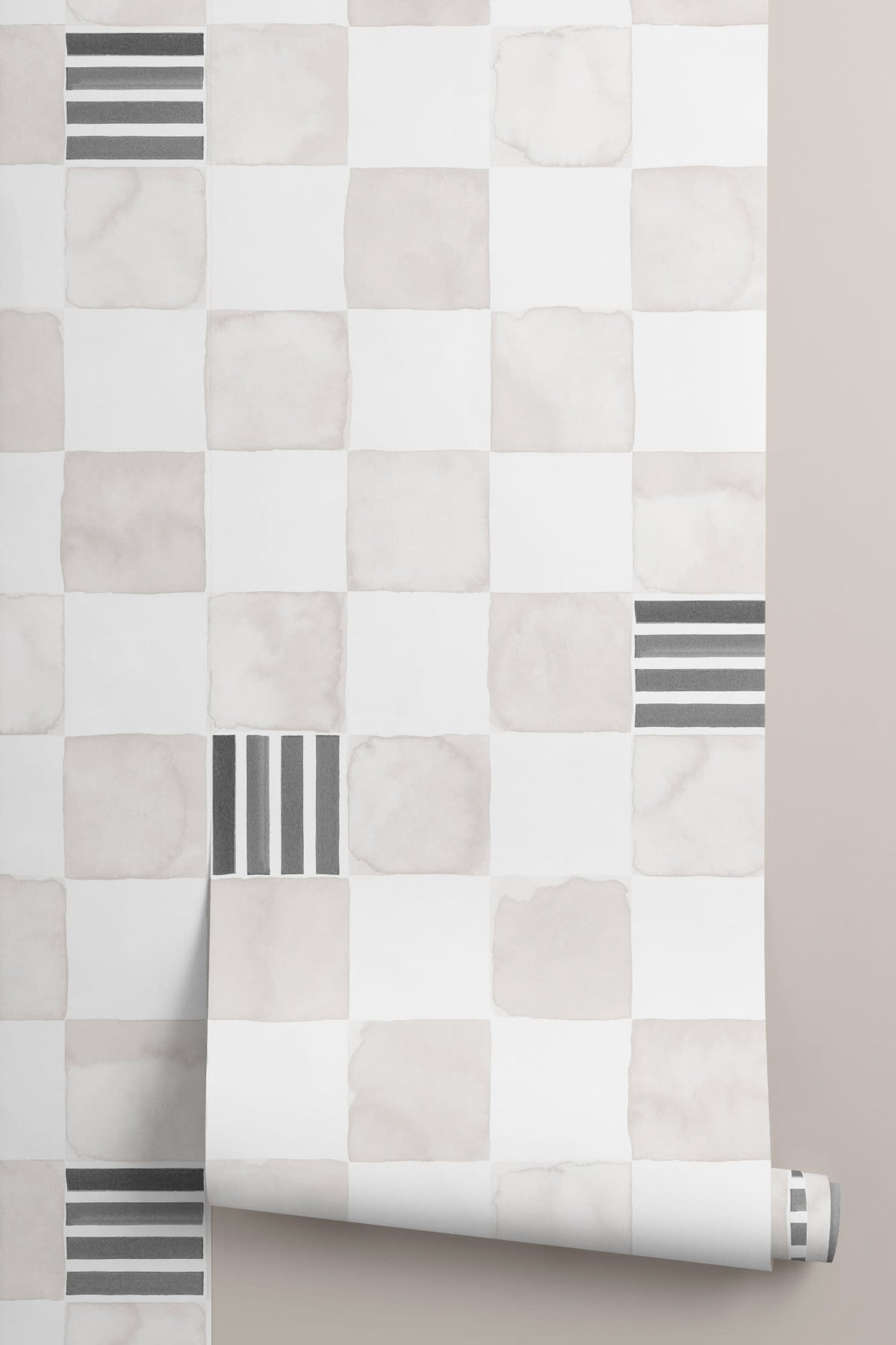 Roll of The Plaster Chequer wallpaper in soft greige, another angle