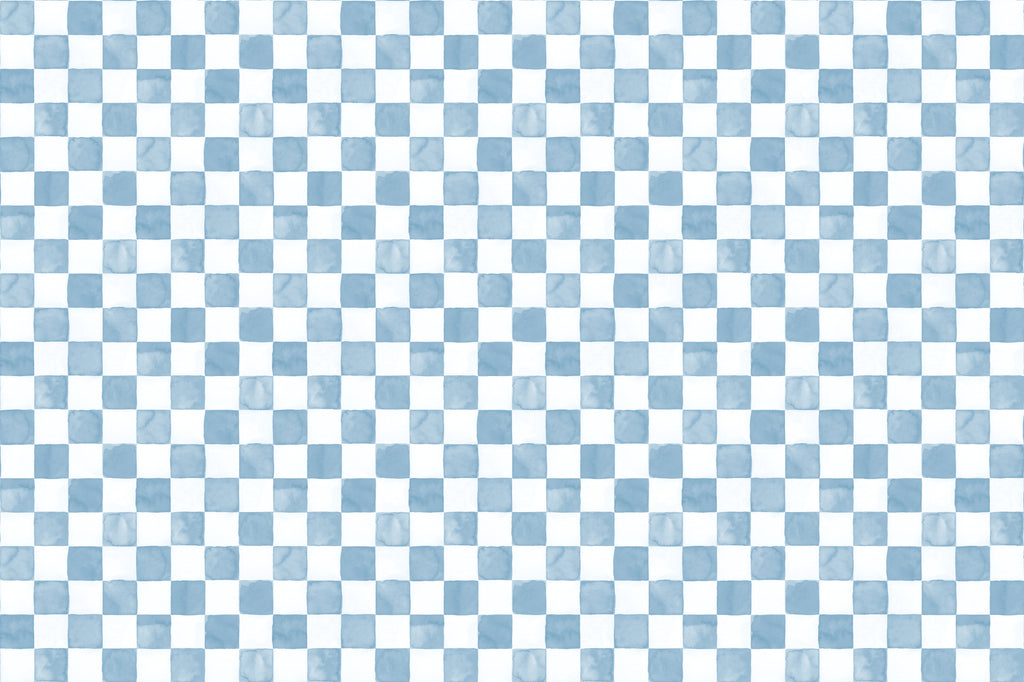 Full artwork view of The Poolside Check mural in pool blue, showing small watercolour checks