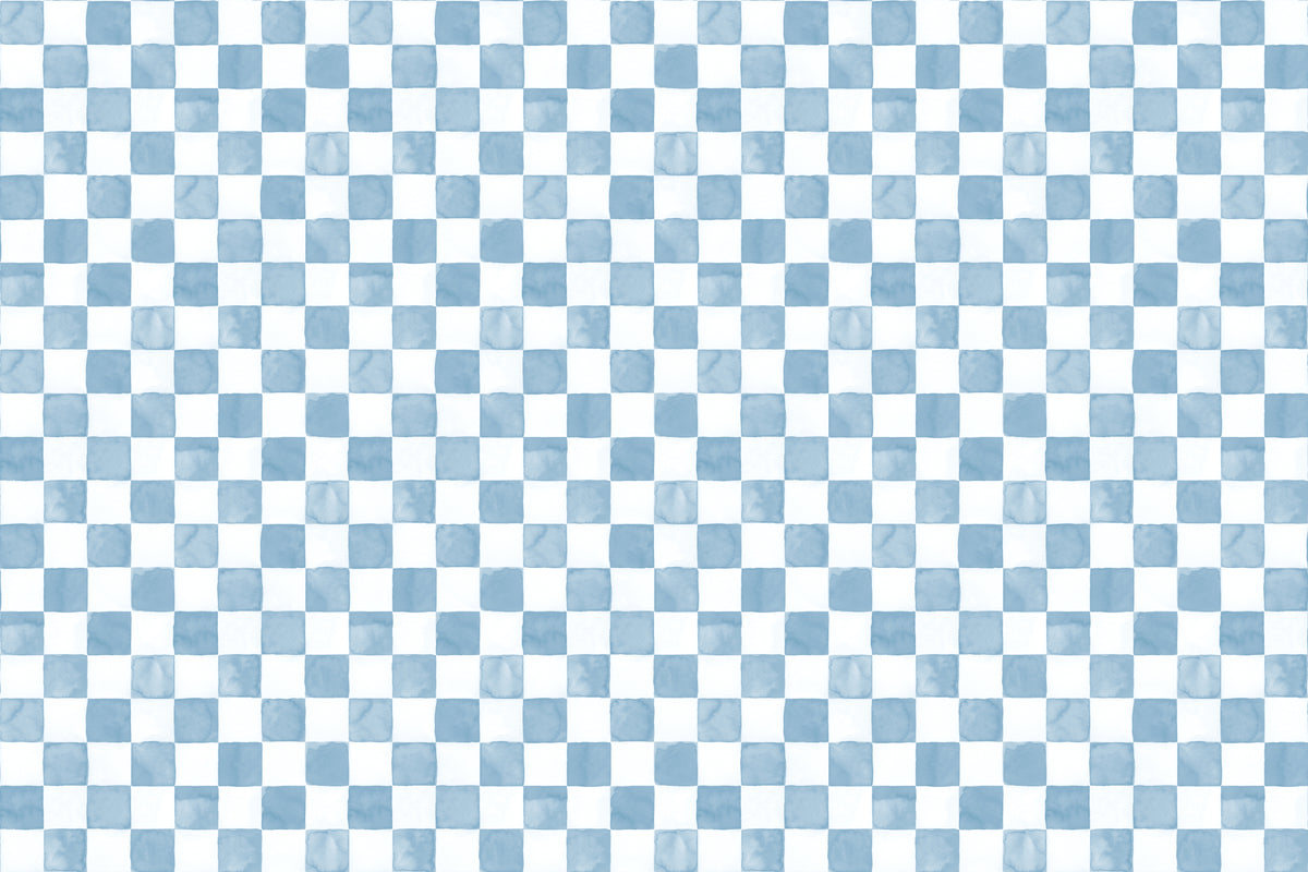 Full artwork view of The Poolside Check mural in pool blue, showing small watercolour checks
