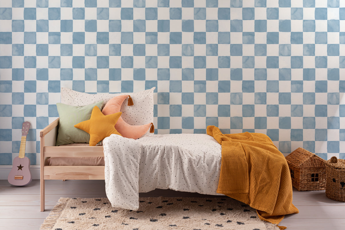 The Poolside Check mural in pool blue behind the bed in a bedroom